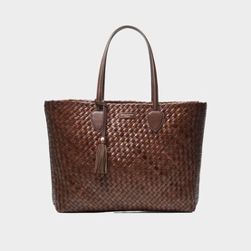 Dark brown woven leather tote bag with twin top handles, tassel detail, and structured open top