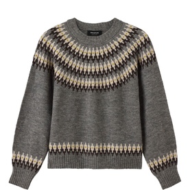 Whistles grey Fair Isle knit jumper with multicolour yoke pattern, crew neck, and ribbed cuffs and hem