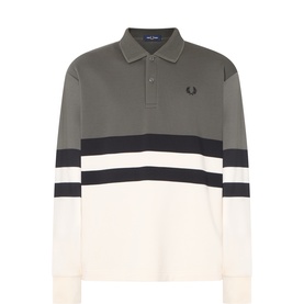 Fred Perry Rugby Lauren Wreath Logo Colour-Blocked Shirt in green, navy and cream with long sleeves, polo collar and embroidered logo