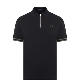 Fred Perry Laurel Wreath Logo Zip Polo Shirt in black, short sleeves with tipped trims, zip collar, embroidered logo badge