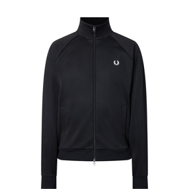 Fred Perry black zip-through sweat jacket with funnel neck, raglan sleeves, and embroidered laurel wreath logo on chest.