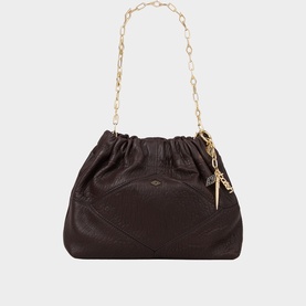 Bash Dump bag in brown leather with gold chain strap and bee charm, ruched silhouette with gathered top opening