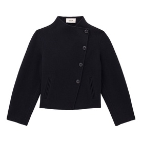 Bash blue cropped jacket with asymmetric button fastening, stand collar, and front welt pockets