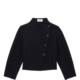 Bash blue cropped jacket with asymmetric button fastening, stand collar, and front welt pockets