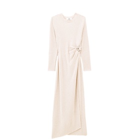 Bash beige long-sleeve maxi dress with bow waist detail and asymmetric draped skirt hem