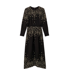 Bash black midi dress with long sleeves and gold floral embroidery throughout, featuring elasticated waist and round neckline