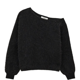 Bash black fluffy knit sweater with asymmetric one-shoulder neckline and wide sleeves