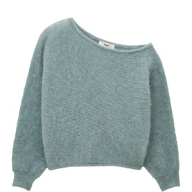 Bash blue asymmetric off-shoulder knit sweater with ribbed cuffs and relaxed boxy fit