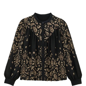Bash black woven blouse with gold floral and paisley embroidery, gathered front, band collar, and elasticated cuffs