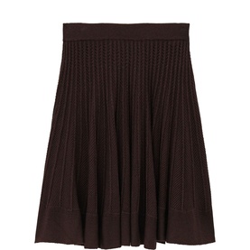 Bash brown ribbed knit midi skirt with flared pleated silhouette and wide waistband