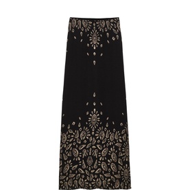 Bash Womens French Dress in black with gold paisley and floral border print, maxi length, straight silhouette