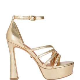 Kurt Geiger London gold metallic platform sandal with strappy toe, ankle strap buckle fastening and flared block heel