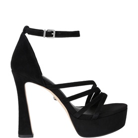 Kurt Geiger London black suede platform heeled sandals with strappy toe front, ankle strap buckle fastening and flared block heel