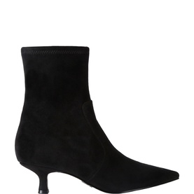 Steve Madden black suede ankle boot with pointed toe, kitten heel, and side zip fastening
