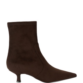 Steve Madden brown suede pointed-toe kitten heel ankle boot with side zip and stretch sock silhouette