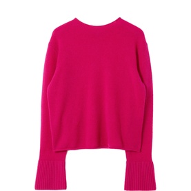 Jigsaw hot pink knit jumper with wide ribbed cuffs and crew neck, flatlay view