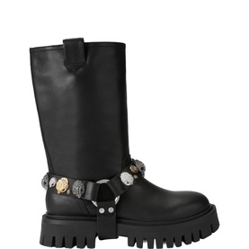 Kurt Geiger London black leather knee-high boots with silver and gold coin embellished strap detail and chunky lug sole.