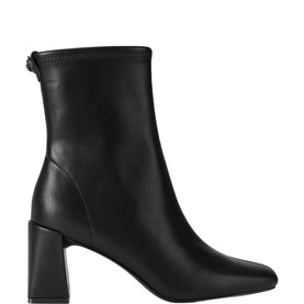 Kurt Geiger London black leather ankle boot with square toe, block heel, and back zip detail
