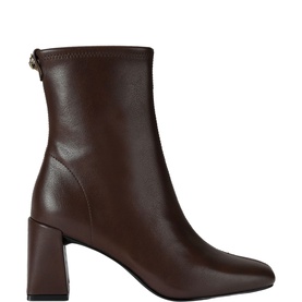 Kurt Geiger London brown leather ankle boot with square toe, block heel, and side zip fastening, white background