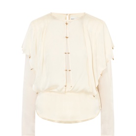 Isabel Marant Etoile beige viscose blouse with ruffle sleeves, button-back detail, and elasticated hem