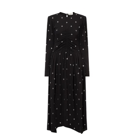 Isabel Marant Etoile black long-sleeve midi dress with small floral embroidery, gathered waist detail, and keyhole back neckline.