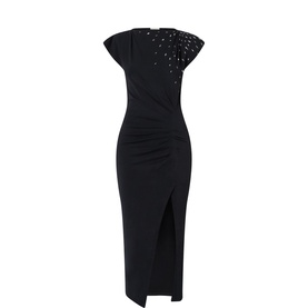 Isabel Marant Etoile black cotton midi dress with pearl-embellished shoulder, ruched bodice, cap sleeve, and front thigh split