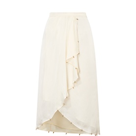 Isabel Marant Etoile beige viscose midi skirt with asymmetric draped ruffle front and pearl-trim detail