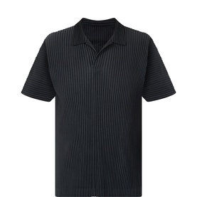Issey Miyake black pleated polo shirt with open collar and short sleeves, 100% polyester