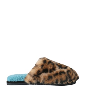 Kurt Geiger London brown leopard print faux fur mule slipper with turquoise sherpa footbed and black rubber sole
