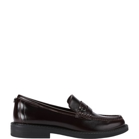 Carvela dark burgundy polished leather penny loafer with woven saddle strap and low block heel, side profile view