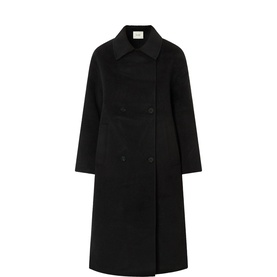 Lisa Yang black wool-cashmere double-breasted longline coat with wide collar and tonal buttons