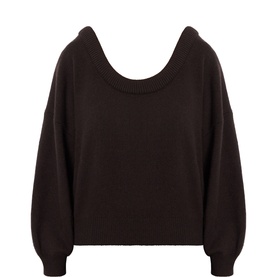 Lisa Yang Dark Oak cashmere knit sweater with open back scoop neckline and balloon sleeves, no model