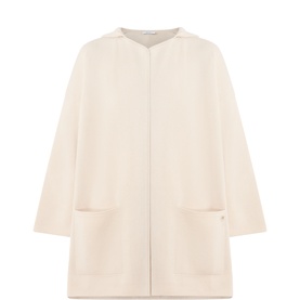 Max Mara Main beige wool-cashmere cardigan with open front, patch pockets, and three-quarter length sleeves.