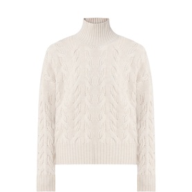 Max Mara Studio beige melange cable-knit wool-cashmere turtleneck sweater with long sleeves and relaxed fit