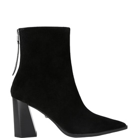 Kurt Geiger London black suede ankle boot with pointed toe, block heel, and side zip fastening