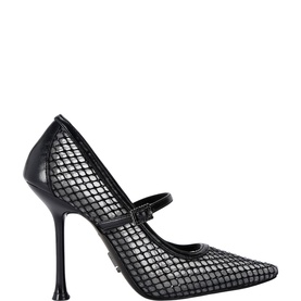 Steve Madden black mesh Mary Jane stiletto heels with pointed toe, ankle strap, and slim black heel