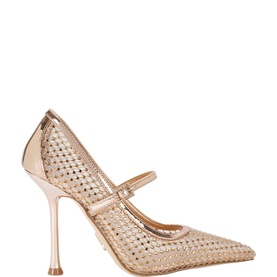 Steve Madden gold mesh Mary Jane stiletto heels with crystal embellishments, pointed toe, and ankle strap on slim metallic heel
