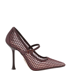 Steve Madden burgundy mesh Mary Jane pointed-toe pump with ankle strap and stiletto heel, side view