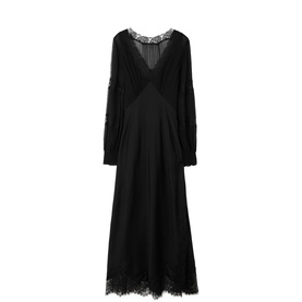 Jigsaw black maxi dress with lace trim neckline, hem, and sleeves, long bishop sleeves, V-neckline, relaxed silhouette
