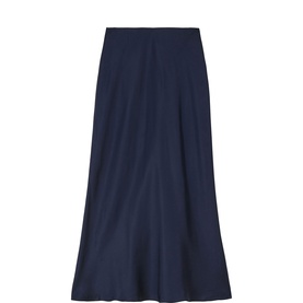 Jigsaw navy midi skirt with flared A-line silhouette and elasticated waist, shown flat