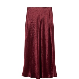 Jigsaw burgundy satin midi skirt with bias-cut flared hem and smooth finish