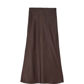 Jigsaw brown satin midi skirt with A-line silhouette and elasticated waistband, shown flat against white background.