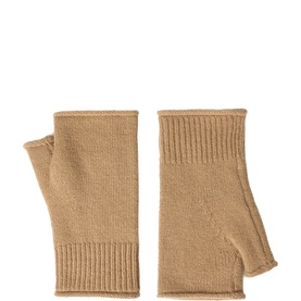 Jigsaw camel knit fingerless gloves with ribbed cuffs, flat lay view