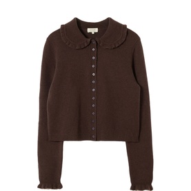 Jigsaw brown knit cardigan with frill Peter Pan collar, button-through front, and elasticated cuffs