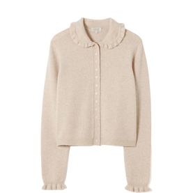 Jigsaw cream knit cardigan with frill collar, button front, and frill cuffs