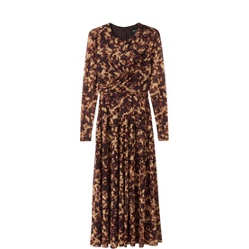 Whistles brown floral print midi dress with long sleeves, ruched waist detail and flared pleated skirt