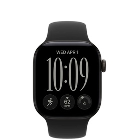 Apple Watch Series 12 GPS 42mm in black aluminium case with black Sport Band, digital watch face showing time and fitness metrics.