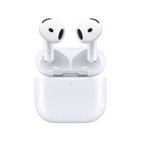 Apple AirPods 5 With Wireless Charging Case in white, earbuds resting in open charging case with green LED indicator