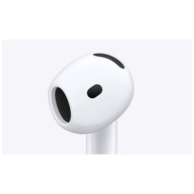Apple AirPods 5 With Wireless Charging Case, white, close-up showing speaker mesh and ergonomic earbud tip detail