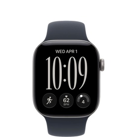Apple Watch Series 12 GPS 42mm in Space Gray aluminium case with Navy Blue Sport Band, digital watch face displaying time and fitness stats